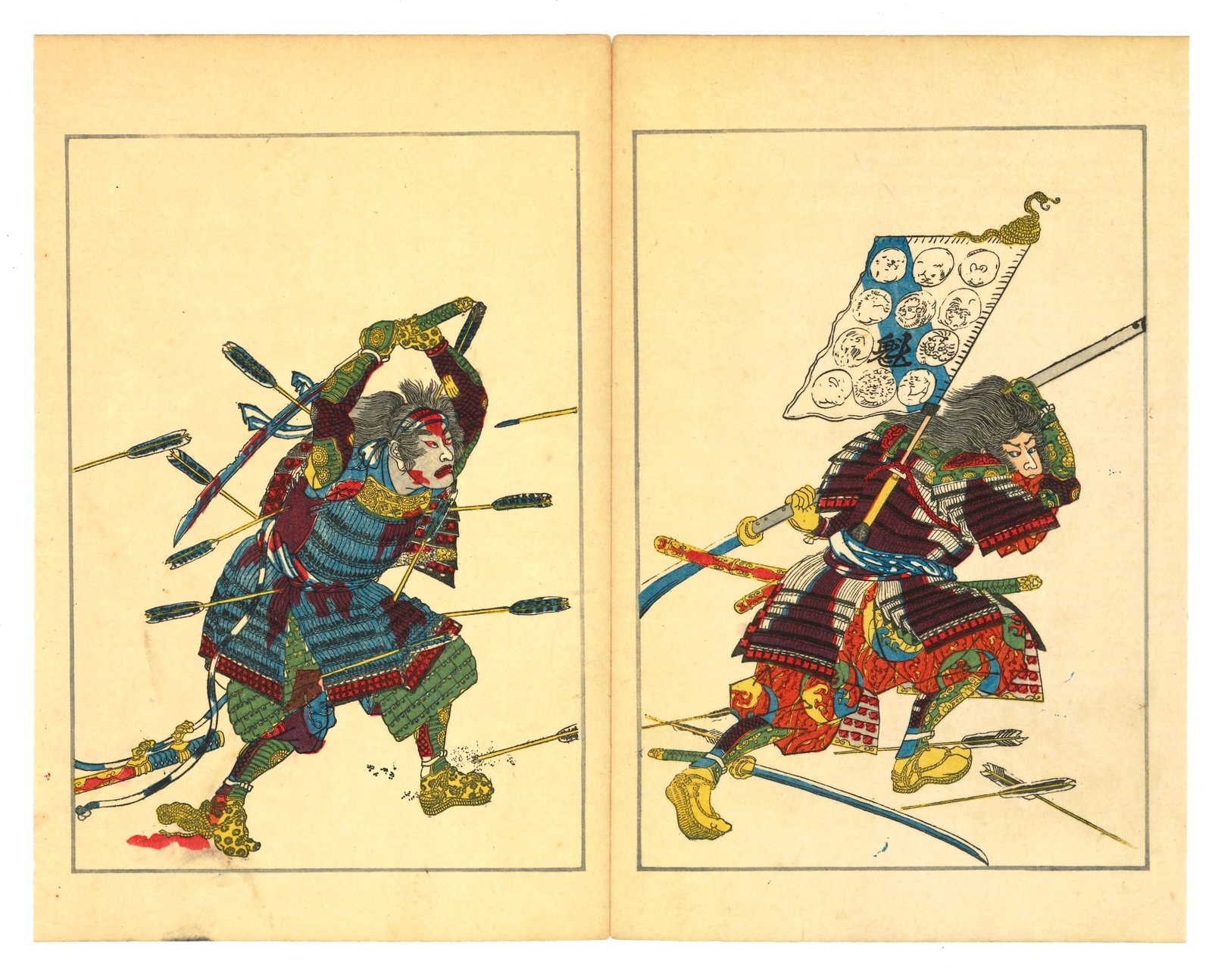 Taiheiki Hero's of Japan Woodblock Print After Utagawa Kuniyoshi: After Utagawa Kuniyoshi (1798-1861). Title: Taihei Eiyuden – "Heroic Stories of the Taiheiki" Date: 1917 (Taisho 6). Medium: Woodblock Print, reproduction. Size:(Diptych Style), (12x10in). Paper Typ
