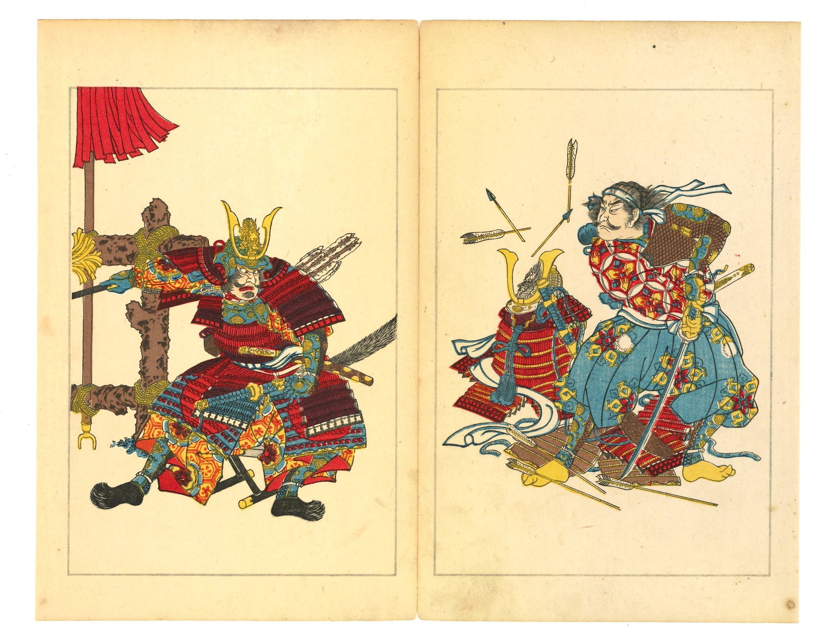 Taiheiki Hero's of Japan Woodblock Print After Utagawa Kuniyoshi: After Utagawa Kuniyoshi (1798-1861). Title: Taihei Eiyuden – "Heroic Stories of the Taiheiki" Date: 1917 (Taisho 6). Medium: Woodblock Print, reproduction. Size:(Diptych Style), (12x10in). Paper Typ