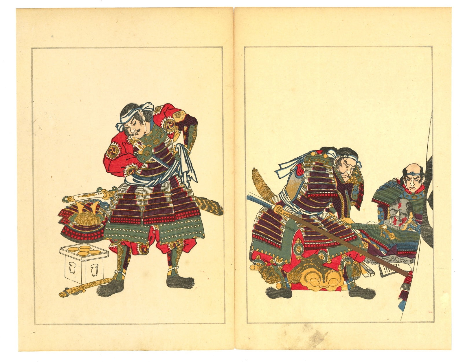 Taiheiki Hero's of Japan Woodblock Print After Utagawa Kuniyoshi: After Utagawa Kuniyoshi (1798-1861). Title: Taihei Eiyuden – "Heroic Stories of the Taiheiki" Date: 1917 (Taisho 6). Medium: Woodblock Print, reproduction. Size:(Diptych Style), (12x10in). Paper Typ