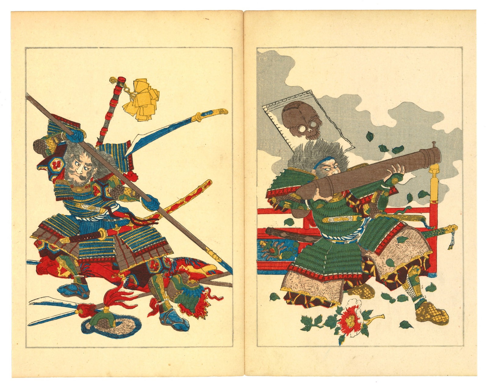 Taiheiki Hero's of Japan Woodblock Print After Utagawa Kuniyoshi: After Utagawa Kuniyoshi (1798-1861). Title: Taihei Eiyuden – "Heroic Stories of the Taiheiki" Date: 1917 (Taisho 6). Medium: Woodblock Print, reproduction. Size:(Diptych Style), (12x10in). Paper Typ