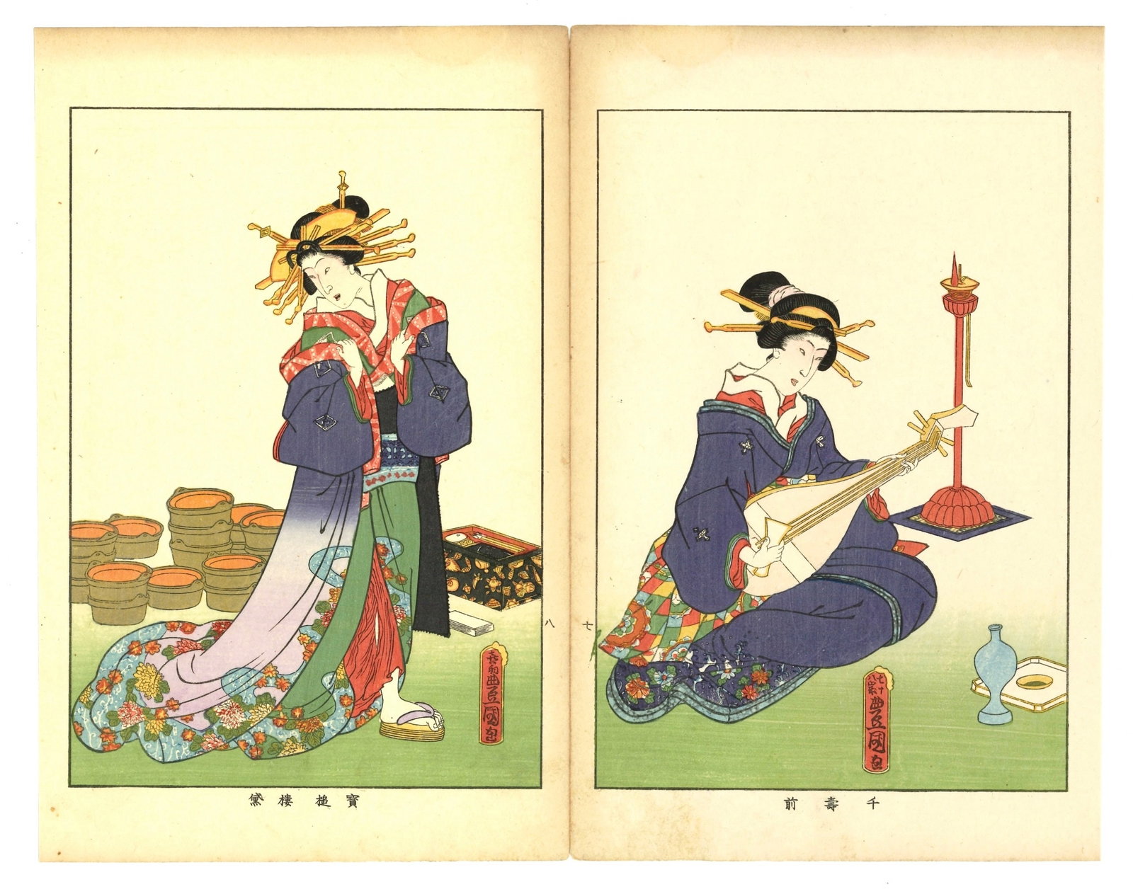 Famous Women of the Past Japanese Woodblock Print After Utagawa Toyokuni: After, Utagawa Toyokuni (1769-1825). Title: "Famous Women of the Past" Size: Diptych Style (12x10in). Medium: Woodblock print reproduction. Publisher: Fuzoku Emaki. Series: Tales of Famous Women of th