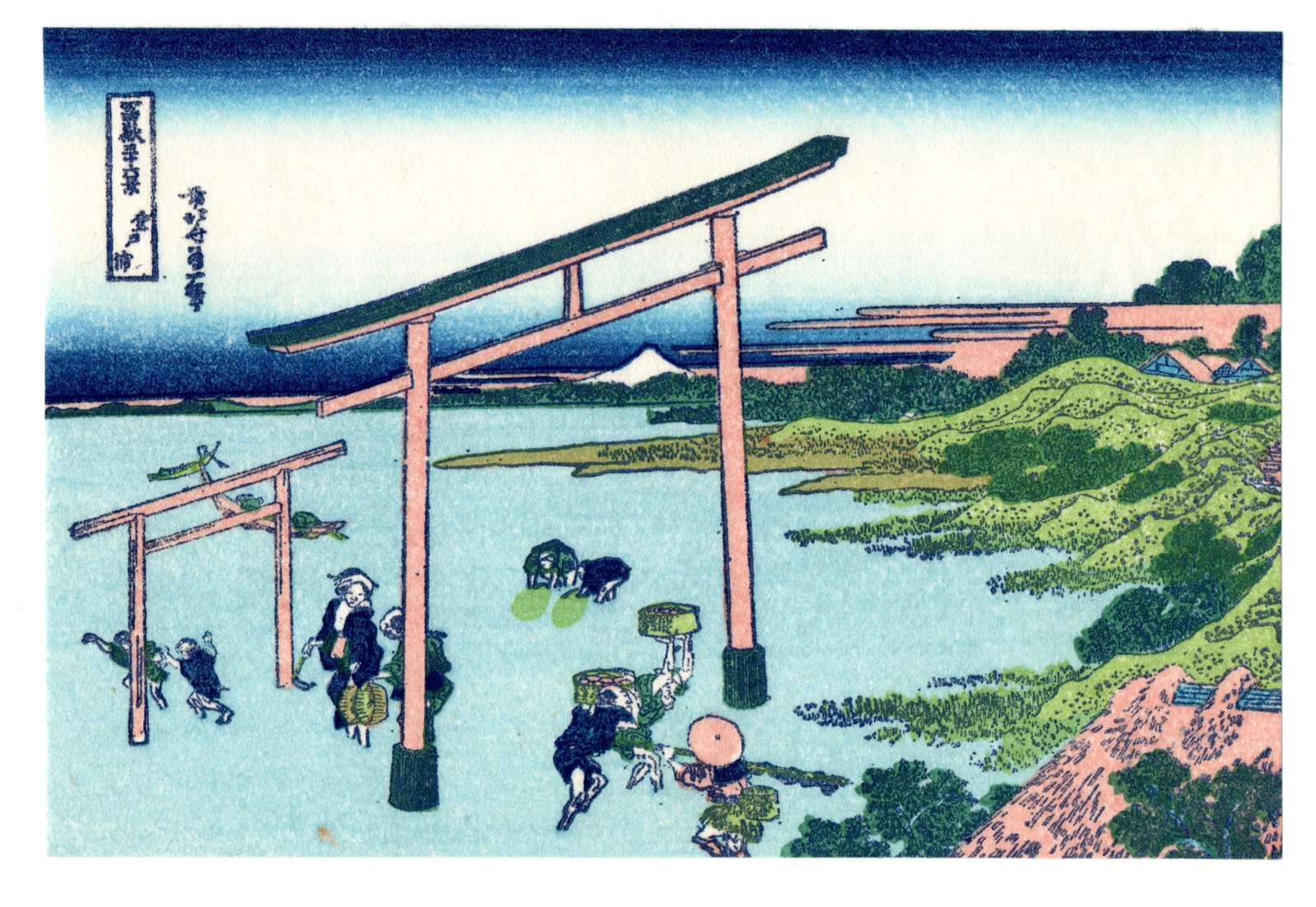 Woodblock Print After Hokusai: After, Katsushika Hokusai. Title: "" Medium: Woodblock reprint. Size: (5.1/4x3.7/8in). Series: Thirty-Six Views of Mt. Fuji. Paper Type: Traditional handmade Japanese washi. Publisher: Takamizawa, Uki