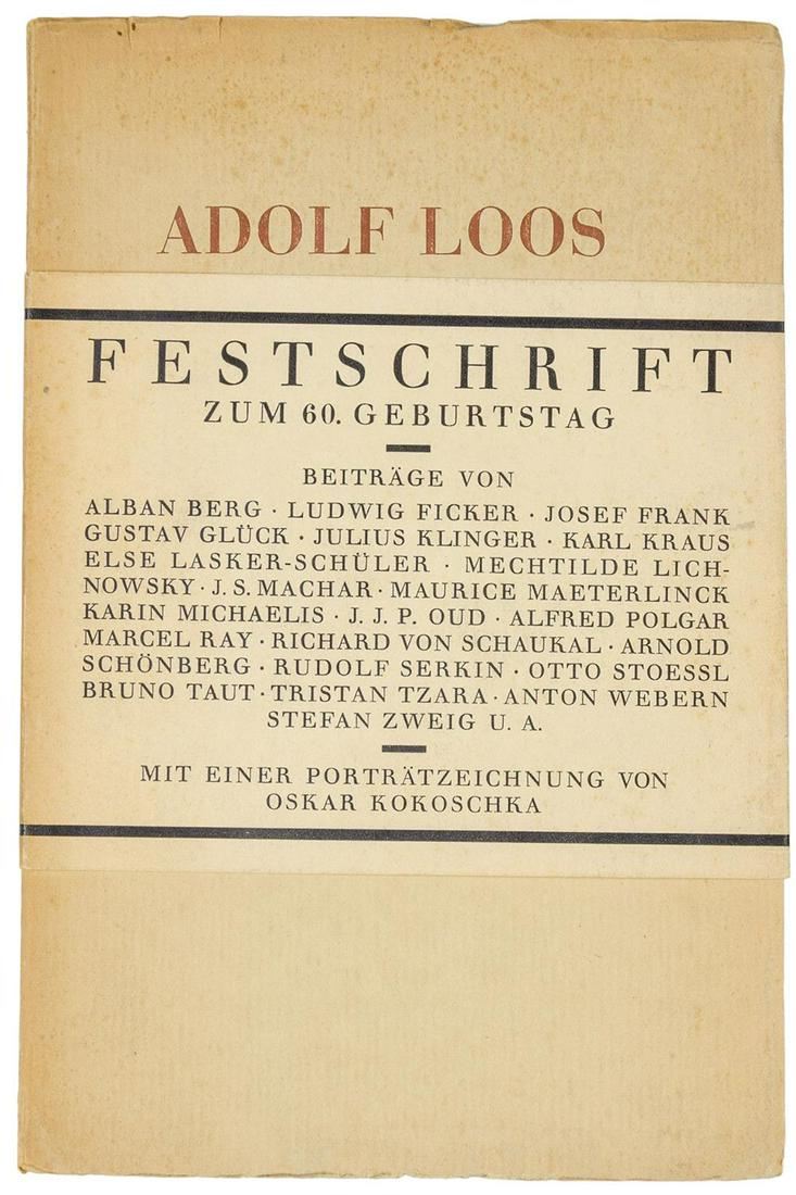 Loos, Adolf Adolf Loos zum 60. Geburtstag am 10.: Adolf Loos zum 60. Geburtstag am 10. Dezember 1930. Mit Porträtfrontispiz nach einer Zeichnung von Oskar Kokoschka und einer photographischen Abbildung von Adolf Loos mit Peter Altenberg. 67 S.,