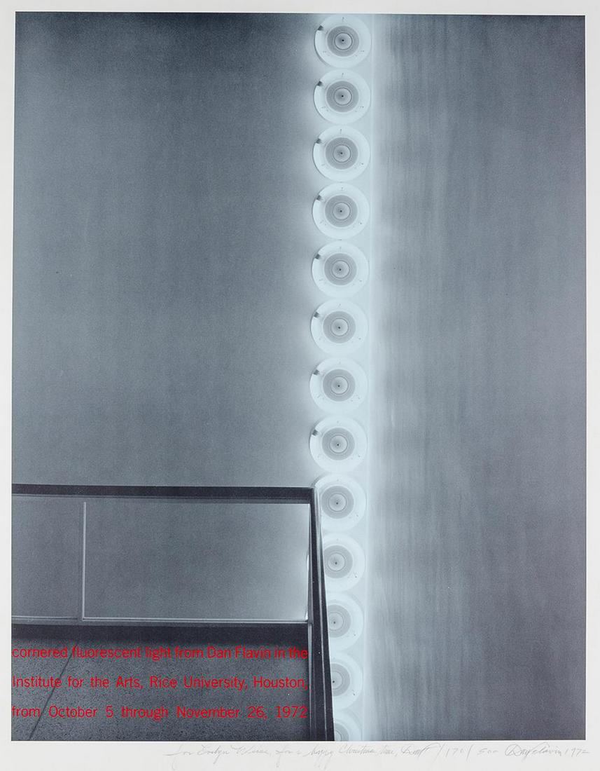 Flavin, Dan Cornered fluorescent Light from Dan Flavin: Cornered fluorescent Light from Dan Flavin in the Institute of the Arts, Rive University, Houston. Ausstellungsplakat in Farboffset-Lithographie auf Velin. Rechts unten signiert, datiert und nummerier