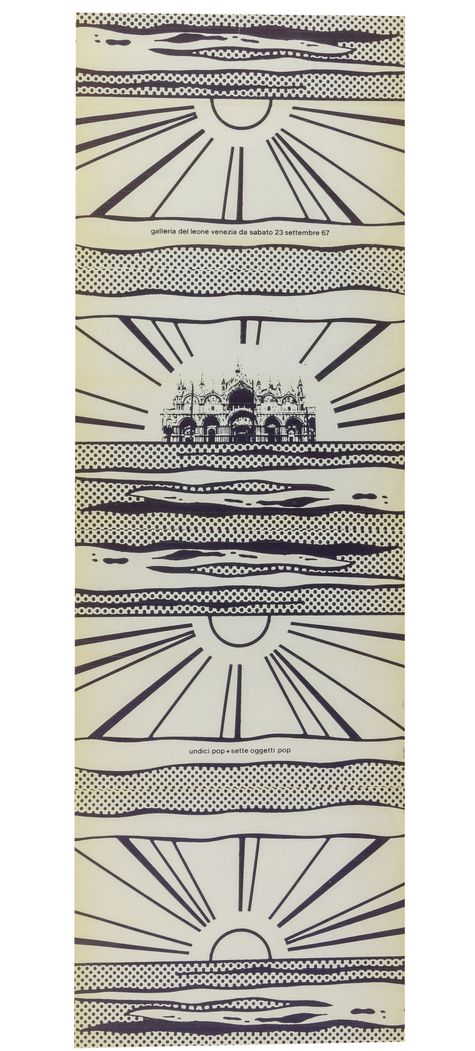 Lichtenstein, Roy. Undici pop + sette oggetti pop. Plakat zur Ausstelung in der Galleria del: Lichtenstein, Roy. Undici pop + sette oggetti pop. Plakat zur Ausstelung in der Galleria del leone, Venedig, 23.9.1967. 88,5 x 28,5 cm.Seltenes Plakat der venezianischen Galerie ohne Nennung des Namen