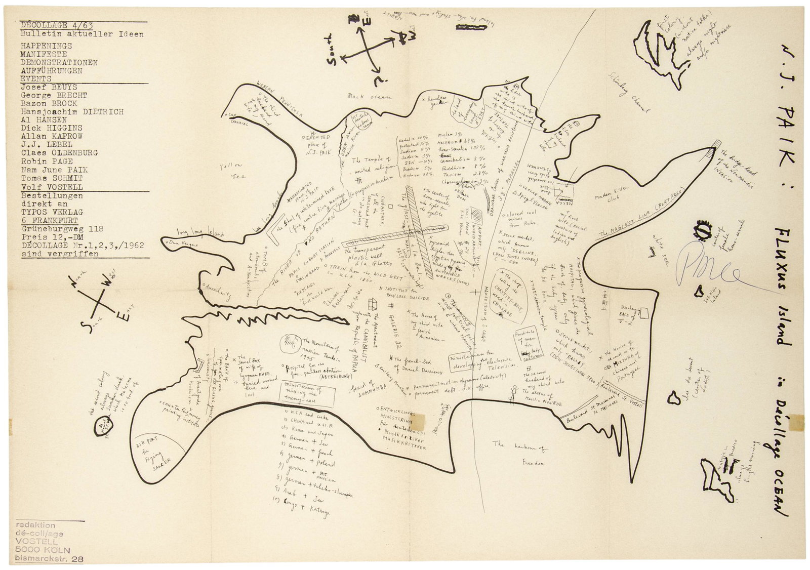 Paik, Nam June. Fluxus Island in Décollage Ocean. Umdruck auf Papier. Im rechten Rand: Paik, Nam June. Fluxus Island in Décollage Ocean. Umdruck auf Papier. Im rechten Rand signiert. Unten links gestempelt "redaktion dé-coll/age VOSTELL 5000 KÖLN bismarckstr. 28" sowie ve
