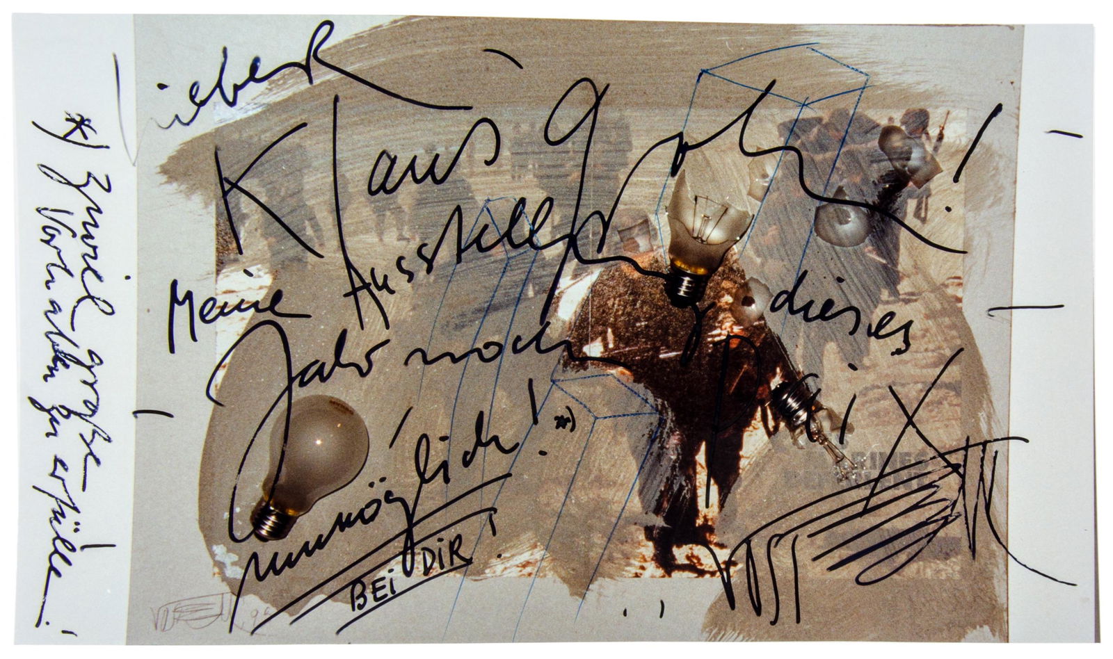 Vostell, Wolf. Sammlung von 3 handschriftlichen Briefen, 2 Postkarten (eine mit: Vostell, Wolf. Sammlung von 3 handschriftlichen Briefen, 2 Postkarten (eine mit Original-Zeichnung) und 1 überschriebenen Original-Photographie an Klaus Groh. Berlin und Malpartida de Cácere