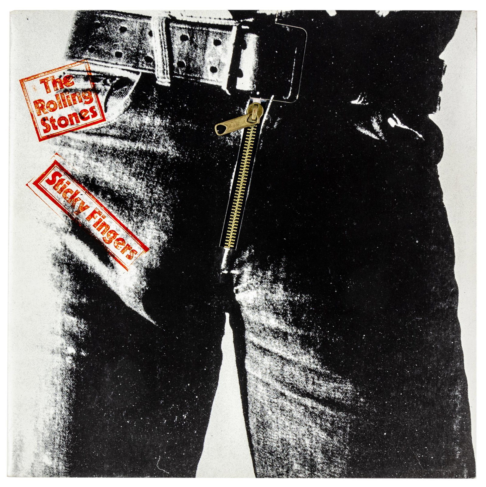 Warhol, Andy. Sammlung von 3 von Warhol gestalteten Langspielplatten. Ca. 1968-1979. I. The: Warhol, Andy. Sammlung von 3 von Warhol gestalteten Langspielplatten. Ca. 1968-1979. I. The Rolling Stones. Sticky Fingers. EMI, 1979. Album-Cover mit montiertem Reißverschluss (minimal berieben)