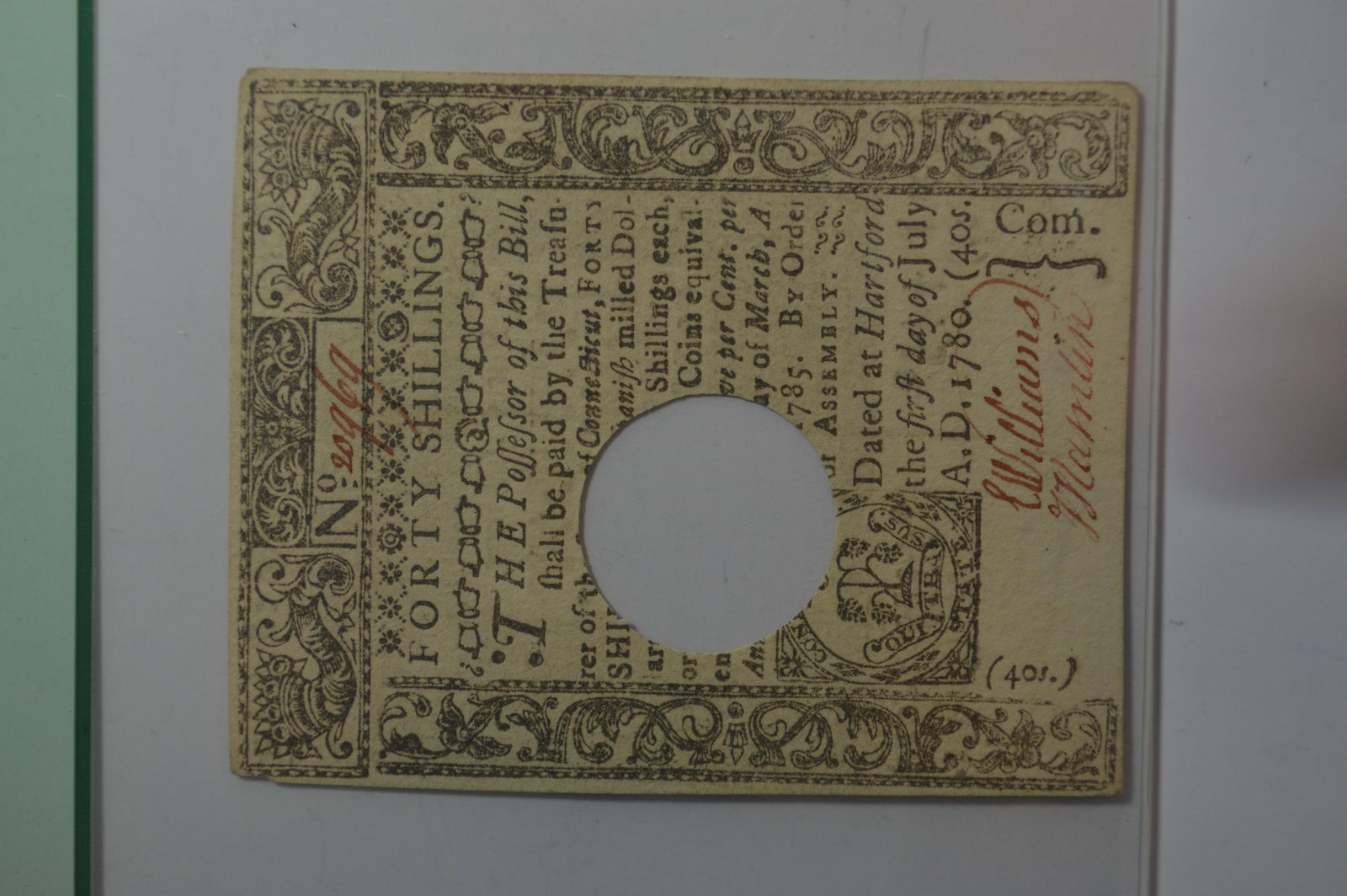 U.S. Colonial Currency, Connecticut. 40 Shillings (1 of 2)