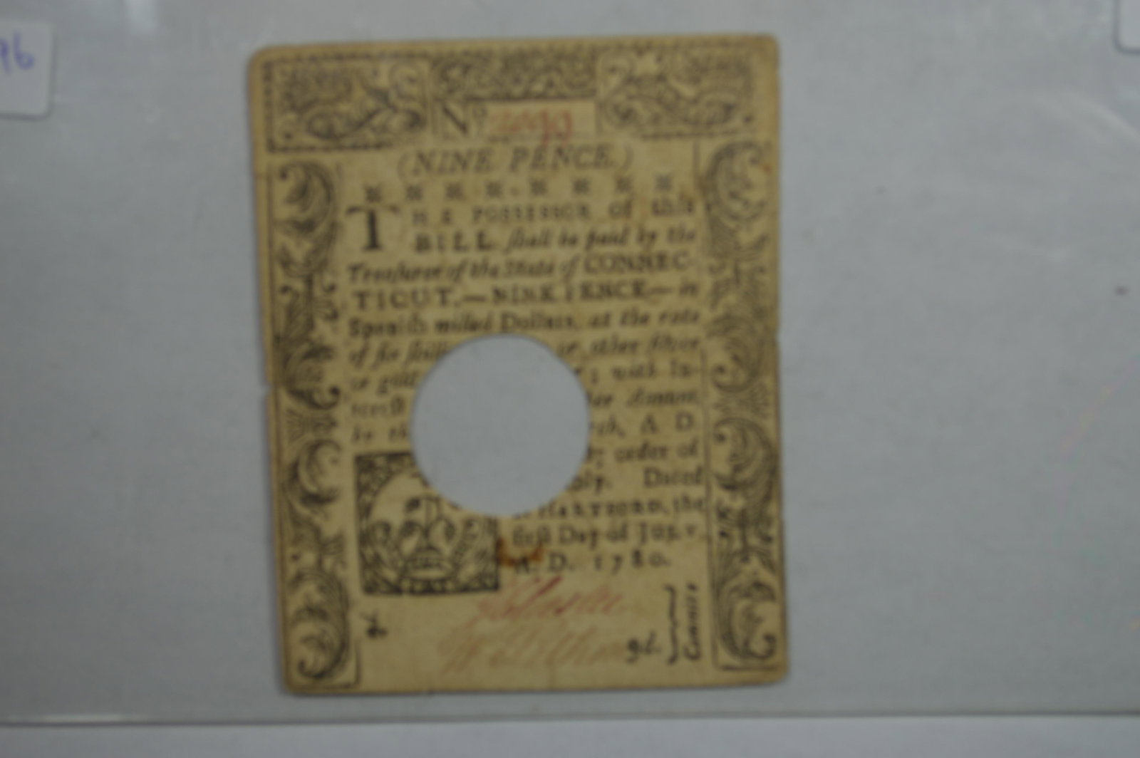 U.S. Colonial Currency. Connecticut July 1, 1780. Nine (1 of 2)