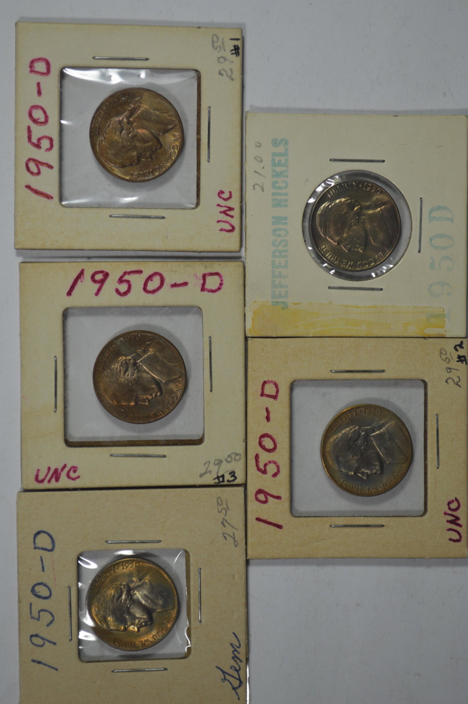 A Key Date 1950-D Jefferson Nickel Quintet. All are eas: A Key Date 1950-D Jefferson Nickel Quintet. All are easily within the BU to Very Ch BU condition range, and our conservative starting bid should certainly encourage interest. A total of 5 coins.