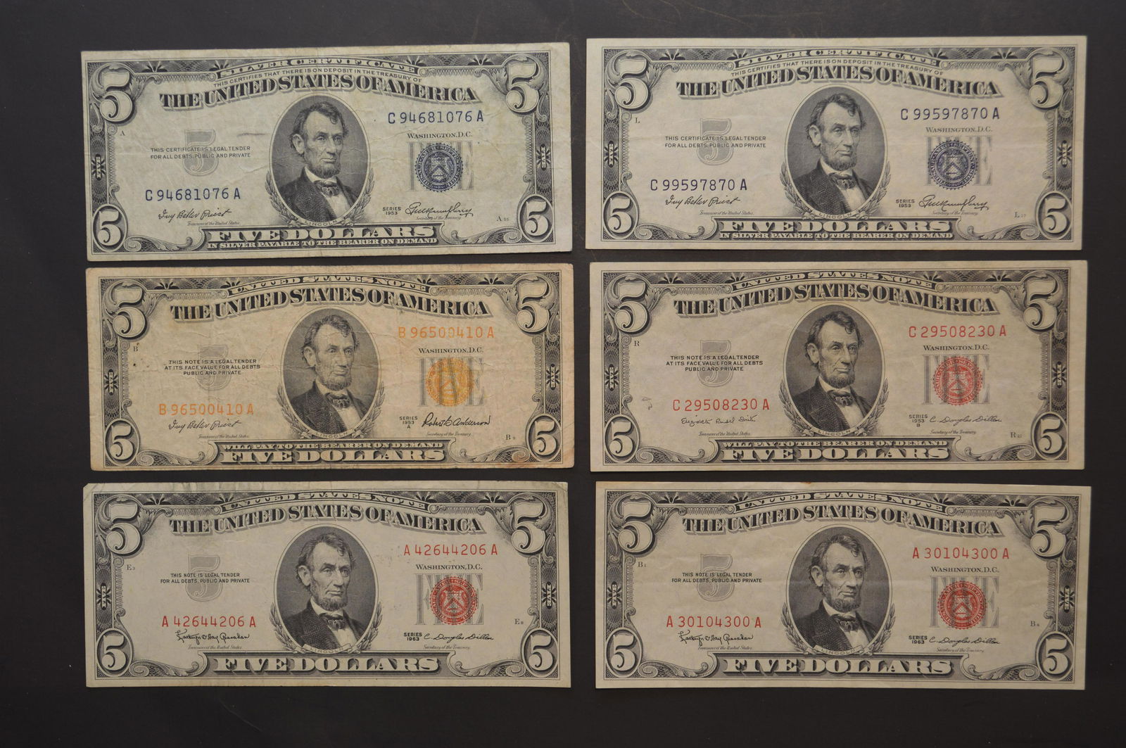 Red and Blue Seal $5.00 Banknotes (Series 1953 through 1963) (1 of 2)