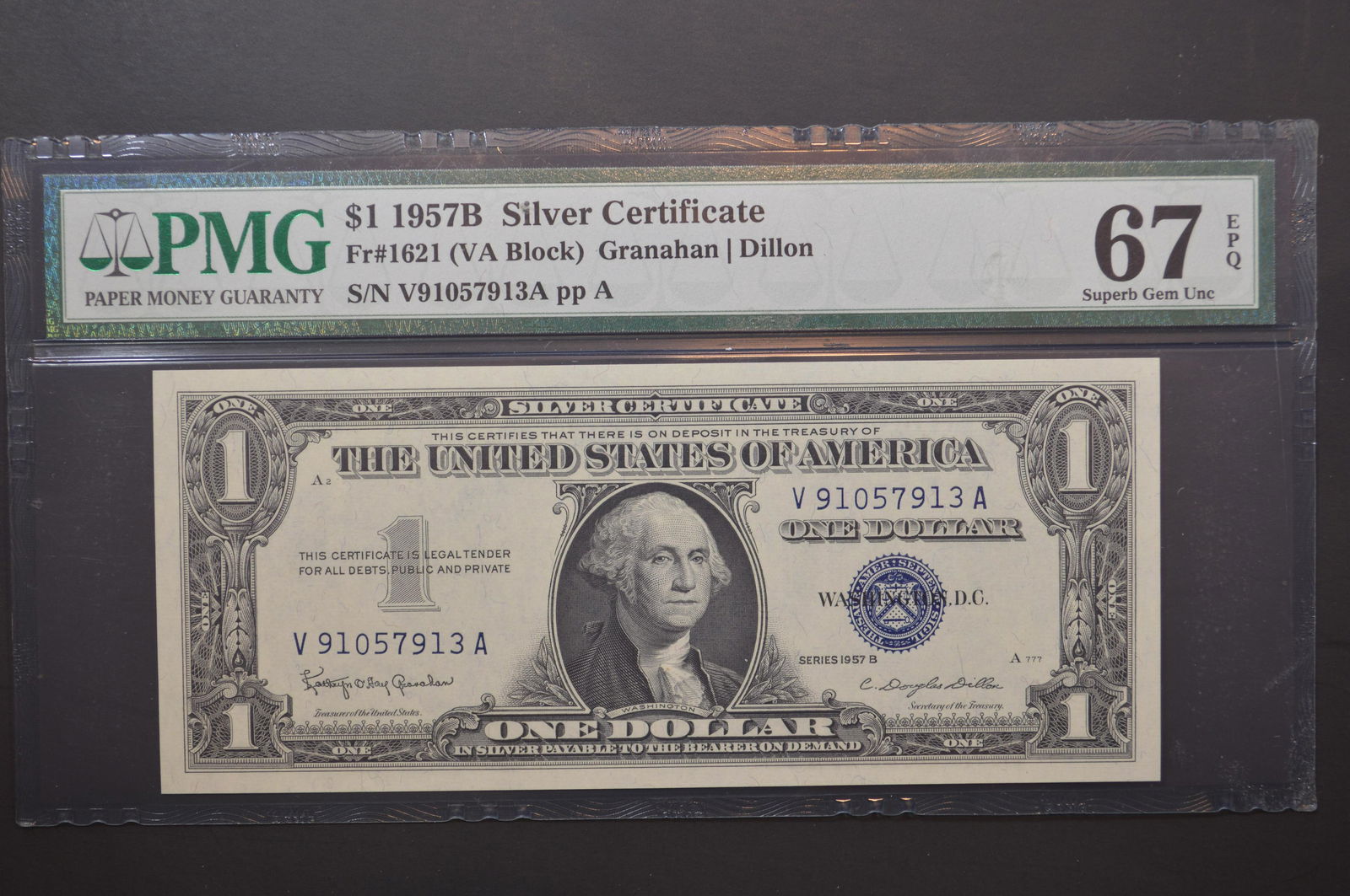 $1.00 Silver Certificate. Series of 1957B, Fr-1621. PMG Superb Gem Unc 67EPQ (1 of 2)