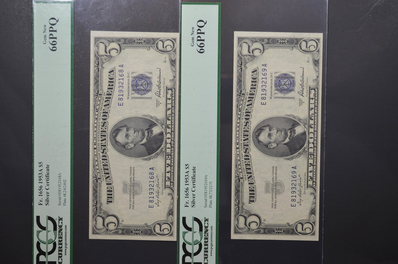 A Consecutive Certified Pair of $5.00 Series of 1953A Silver Certificates, Fr-1656. (1 of 2)