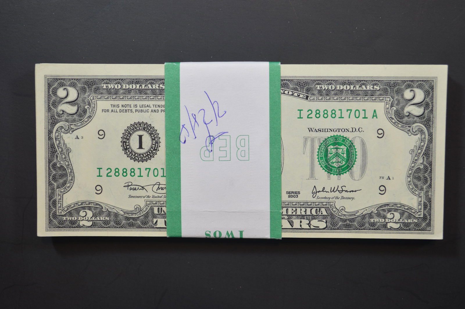 Original Bureau of Engraving and Printing Pack of $2.00 Series of 2003 Minneapolis, MN Federal (1 of 2)