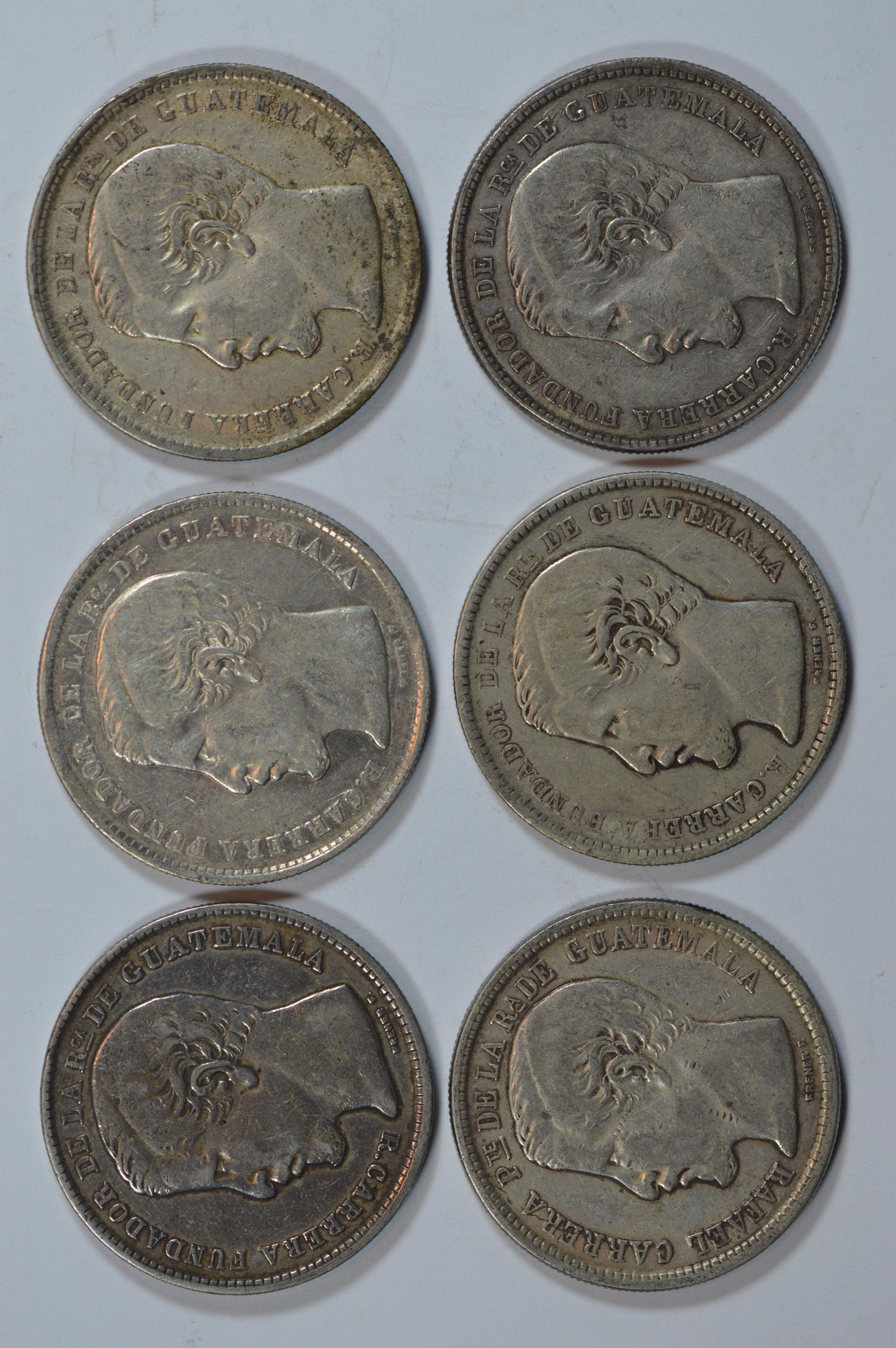 A Half Dozen Different Date 19th Century Guatemala Silver Pesos (1 of 2)