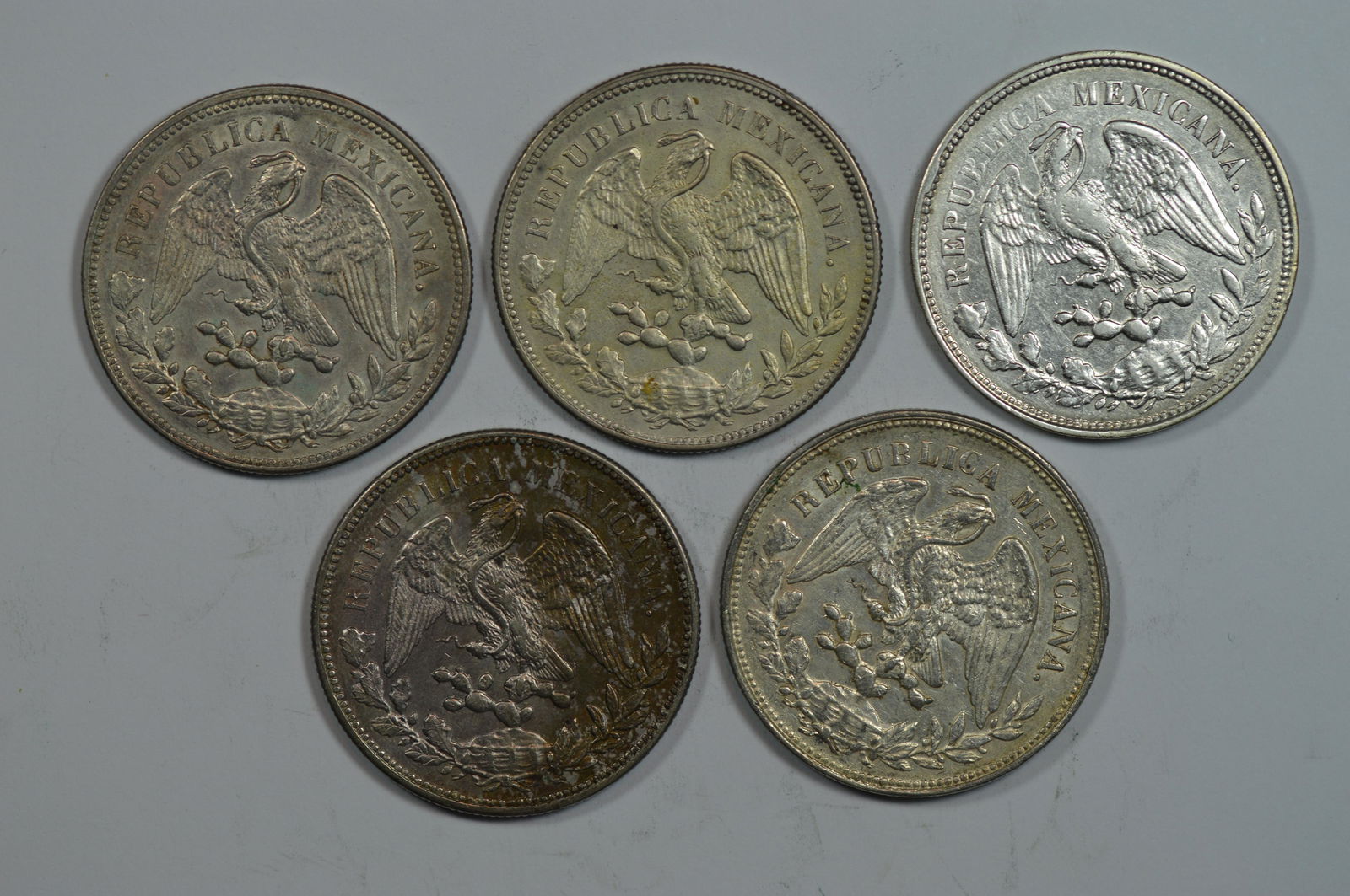 A Mexico Silver Peso Quintet: 1900 Mo AM, 1903 Mo AM, 1908 Mo AM (2), 1909 Mo GV. (1 of 2)