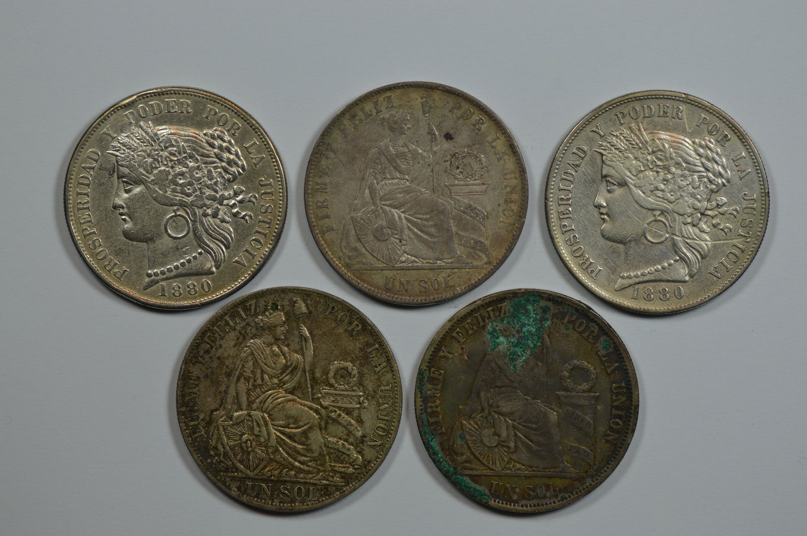 A Crown-Sized Peruvian Silver Coin Quintet (1 of 2)