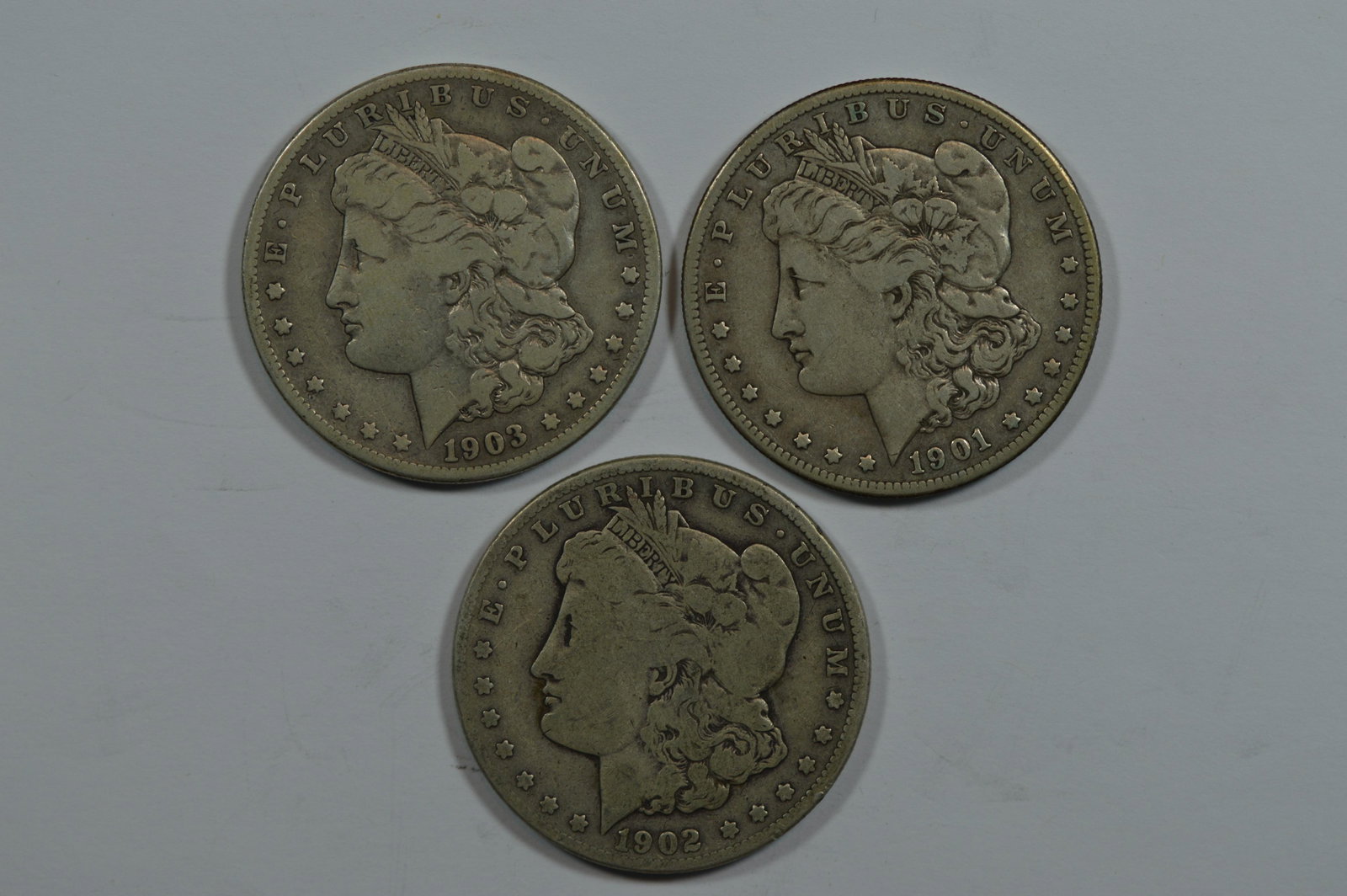 Three Scarcer Late Date San Francisco Mint Morgan Dollars: Three Scarcer Late Date San Francisco Mint Morgan Dollars: 1901-S Abt VF and quite pleasing; 1902-S Abt VG with a minor reverse edge bump; 1903-S Fine but with some well hidden faint reverse scratches