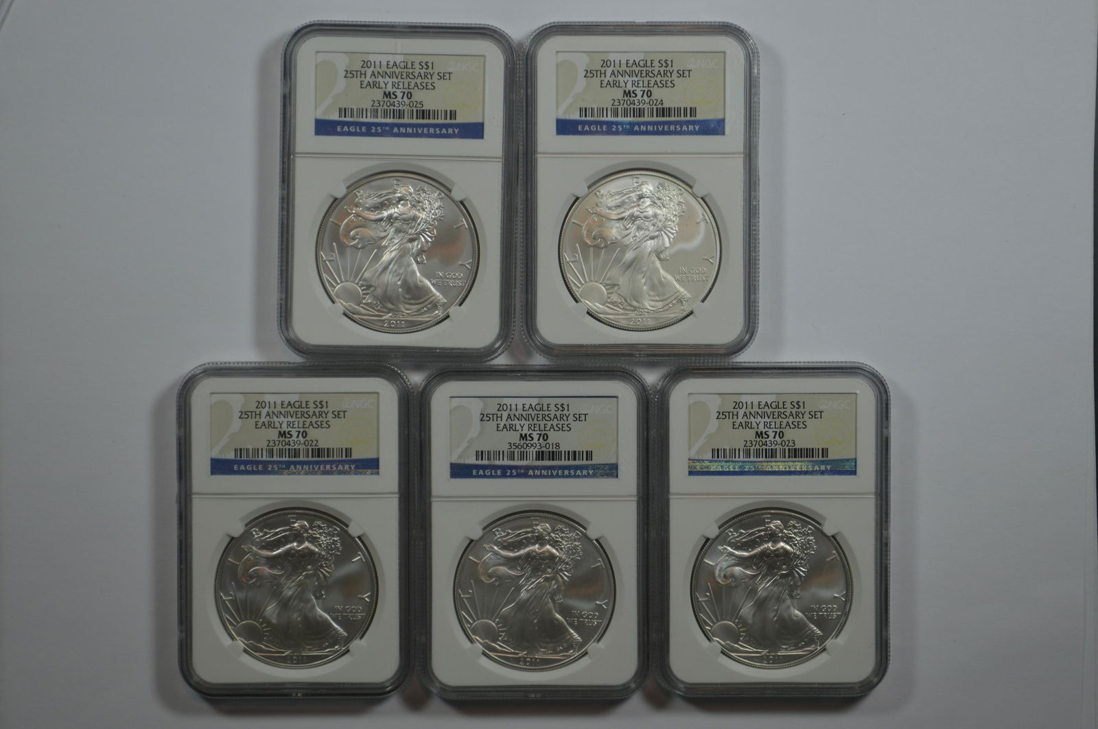 A Quintet of NGC Certified 2011 25th Anniversary Silver Eagles. (1 of 2)