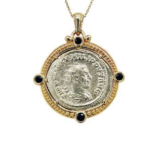 Ancient Roman Empire Coin Pendant: Metal: 14KY/Silver Weight: 13.3 Grams Stone: Sapphire, Turquoist Carat: Description: Estate Ancient Roman Empire Philip 1st Coin Mounted in 14k Yellow Gold With 0.29ctw of turquoist and