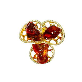 Estate Fire Opal Ring: Metal: 18KY Weight: 8.1 Grams Stone: Fire Opal, Diamond Carat: 5.98ctw Opal, 0.34ctw Diamond Description: Estate fire opal ring with 3 natural cut opals that measures approx 7mm across each