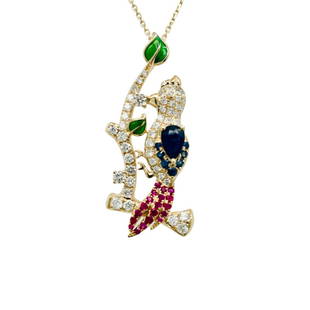 Estate Bird Pendant: Metal: 14KY Weight: 5.1 Grams Stone: Ruby, Blue Sapphire, Diamond Carat: 0.45ctw Ruby, 0.30ctw Sapphire, 0.81ctw Diamonds Description: Estate Bird Motif Pendant with hand enamel detail.