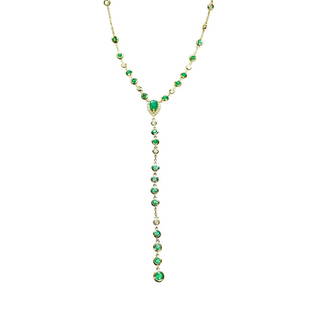 Emerald And Diamond Necklace: Metal: 14KY Weight: 4.18 Grams Stone: Emerald, Diamond Carat: 1.46ctw Emerald, 0.55ctw diamonds Description: Estate tassle style necklace with fine emeralds tassle drop measures 3 inches.