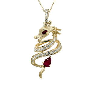 Estate Dragon Pendant: Metal: 14KY Weight: 5.7 Grams Stone: Ruby, Diamond Carat: 0.45ctw Ruby, 0.60ctw Diamond Description: Estate diamond and ruby dragon pendant with beautiful detail on a 18 inch chain. pendant