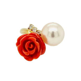 Pearl And Coral bypass Ring: Metal: 18KY Weight: 8 Grams Stone: Coral, Pearl, Diamond Carat: 9mm Pearl, 0.09ctw Diamonds Description: Estate carved flower coral and round white pearl bypass design ring. size 5.25. coral