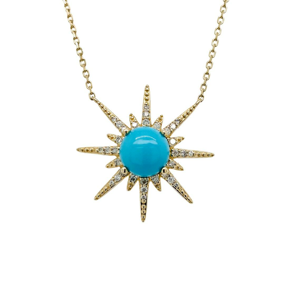 Sleeping Beauty Star Pendant: Metal: 14KY Weight: 2.46 Grams Stone: Turquoist, Diamond Carat: 1.33ctw Turquoist, 0.21ctw Diamond Description: Estate sleeping beauty cabochon that measures 7mm round on a 18 inch chain. Diamonds are