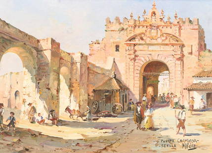 MANUEL FERNÁNDEZ Puerta de Carmona, Sevilla. Oil on: Firmado: "MFdez" Artist: MANUEL FERNÁNDEZ 1927 Carmona, Sevilla Dimensions: 20 x 29 cm Type of Object: Pintura contemporánea Technique: Óleo sobre tabla