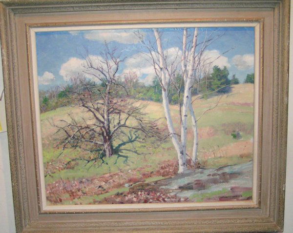 20 x 24 oil on board by everett longley warner titl: 20 x 24 oil on board by everett longley warner titled "early spring" condition excellent signed lower right lyme art association label on reverse painting comes with letter of authenticity from warner