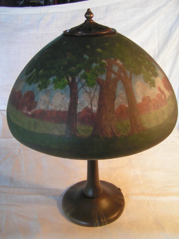 handel reverse painted lamp 15 inch chipped ice sh: handel reverse painted lamp 15 inch chipped ice shade decorated with arts and crafts landscape signed on top ring original base with good choclate brown patina original sockets chains pulls etc excell
