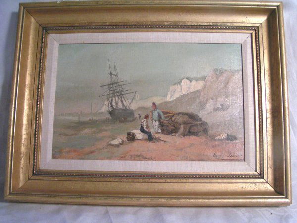 ernest baker painting oil on canvas relined figure: ernest baker painting oil on canvas relined figures on a beach near a boat 9 x 15