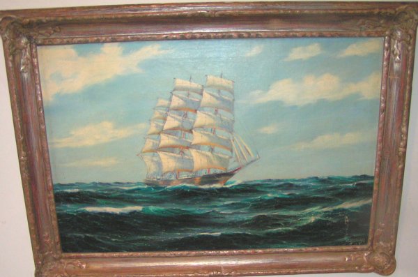 f schneider painting of a masted schooner at sea i