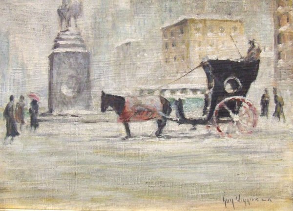 Guy Wiggins oil on canvasboard "winter at the plaz - 2