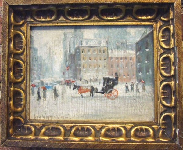 Guy Wiggins oil on board new york winter scene 9 X