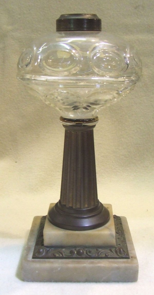 Early oil lamp thumbprint and fern pattern glass f