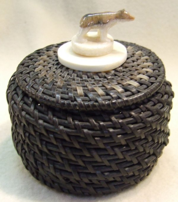 Baleen and ivory carved alaskan basket 4 inch dia