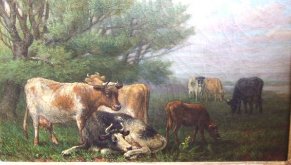 Robert Wiseman oil painting on canvas of cows in fi: Robert Wiseman oil painting on canvas of cows in field, late 19th c. Connecticut artist, 19" X 23" sight. Crazing.