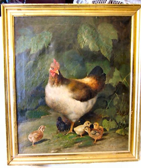 David B. Bechtel oil painting on canvas, Hen with C: David B. Bechtel oil painting on canvas, Hen with Chicks, 19" X 23", pencil point hole and 1" tear top left.
