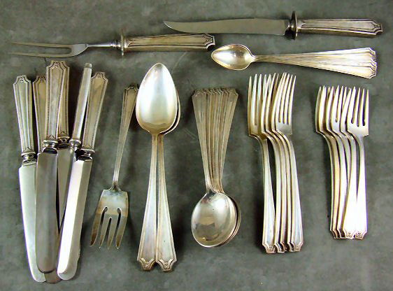 Whiting sterling silver King Albert pattern flatwa: Whiting sterling silver King Albert pattern flatware - 6 round soup spoons, 6 salad forks, 6 - 7.25" forks, 6 iced tea spoons, small carving set, 2 serving spoons, one serving fork, 6 - 8.5" knives, 3