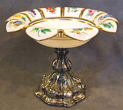 Cut glass overlay compote, white to clear, enamele: Cut glass overlay compote, white to clear, enameled with panels of flowers. Attached to German base marked "13" silver. Very minor wear to decoration and gold, no chips or cracks. 6.5"H, 8"W.
