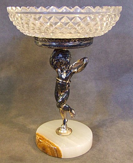 Pairpoint silver plated compote with cut glass bow: Pairpoint silver plated compote with cut glass bowl and cupid stem. Silver plate is worn. Marked Pairpoint under bowl fitter, undamaged glass. 7.25" H., 5.25" W.