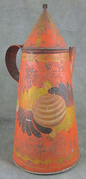 Early 19th. C. tole teapot with conical lid, taper: Early 19th. C. tole teapot with conical lid, tapered body and side spout. Scarce red/orange color decorated with fruit & leaf stencil. No holes or over painting. Dent to side by spout attachment. 11"