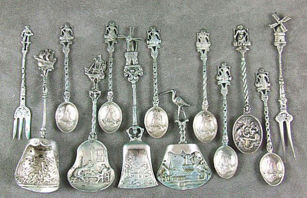 Lot of .800 Dutch silver, 7 spoons, 2 forks, and: Lot of .800 Dutch silver, 7 spoons, 2 forks, and 4 caddy spoons, longest 5.25", 4.64 troy oz.