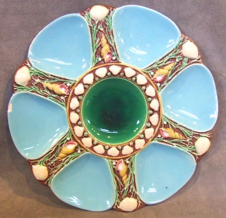 Minton majolica oyster plate, 9" diameter, light c: Minton majolica oyster plate, 9" diameter, light crazing, 1/2" chip on edge.