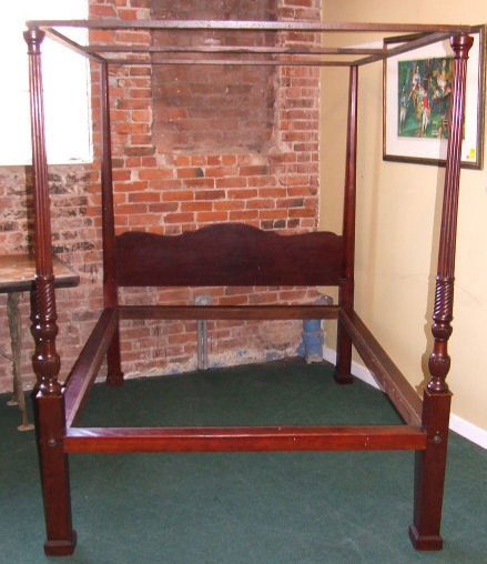 Chippendale tall post Mahogany bed c. 1790, North: Chippendale tall post Mahogany bed c. 1790, North Shore, Mass. Pencil post headboard, footboard post with reeding, spiral and acanthus carving, Marlboro foot.