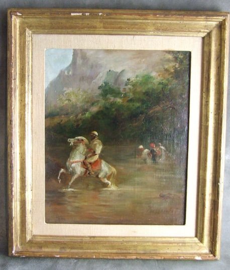 Oil painting on canvas of Arab on horseback, signe: Oil painting on canvas of Arab on horseback, signed but illegible, lined. 8.5" X 10.5" sight.